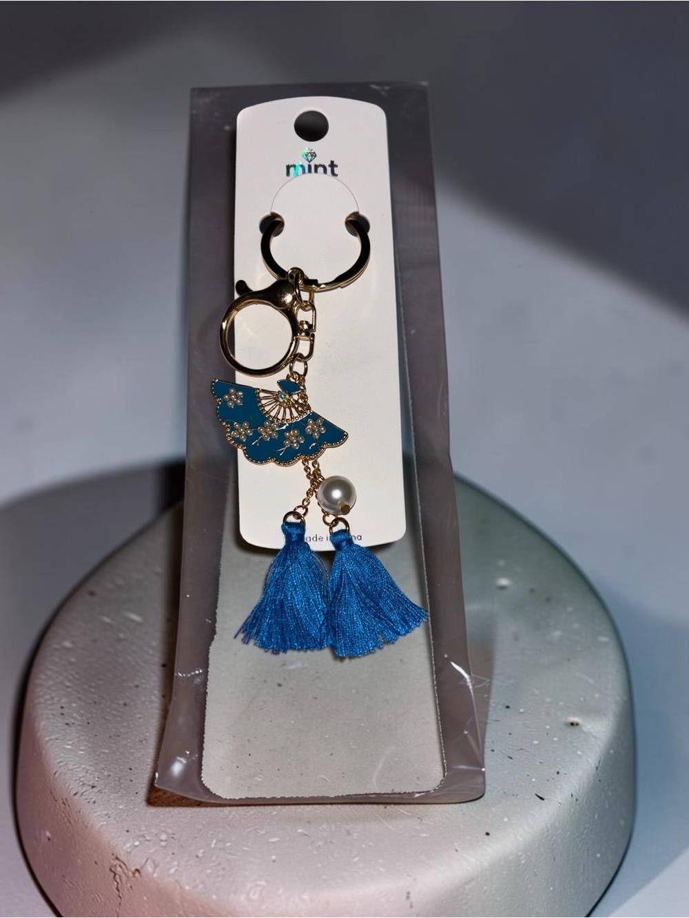 Mint Blue Dress Tassel Keychain Bag Charm Gold Tone Faux Pearl Floral NWT